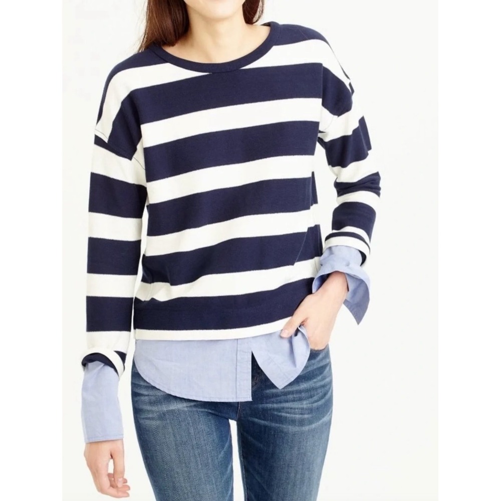 J.Crew Striped Long Sleeve T-Shirt Shirttail Hem Navy White Blue Nautical Preppy